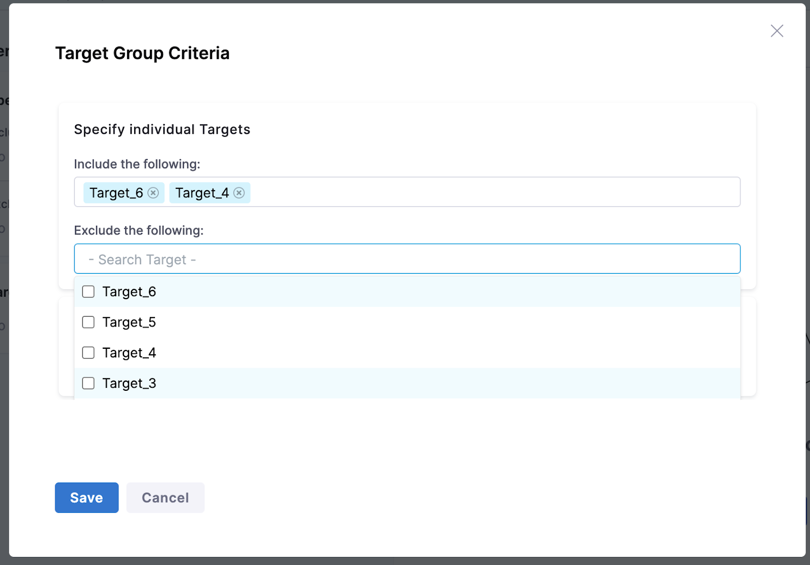 A screenshot of targets added to the Target Group Criteria.