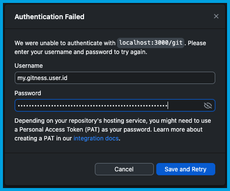 Providing credentials for the Harness Open Source repository in GitHub Desktop.