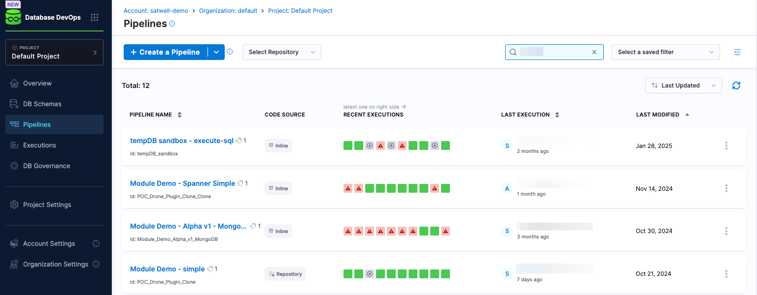 A screenshot of the Harness Database DevOps Pipeline UI