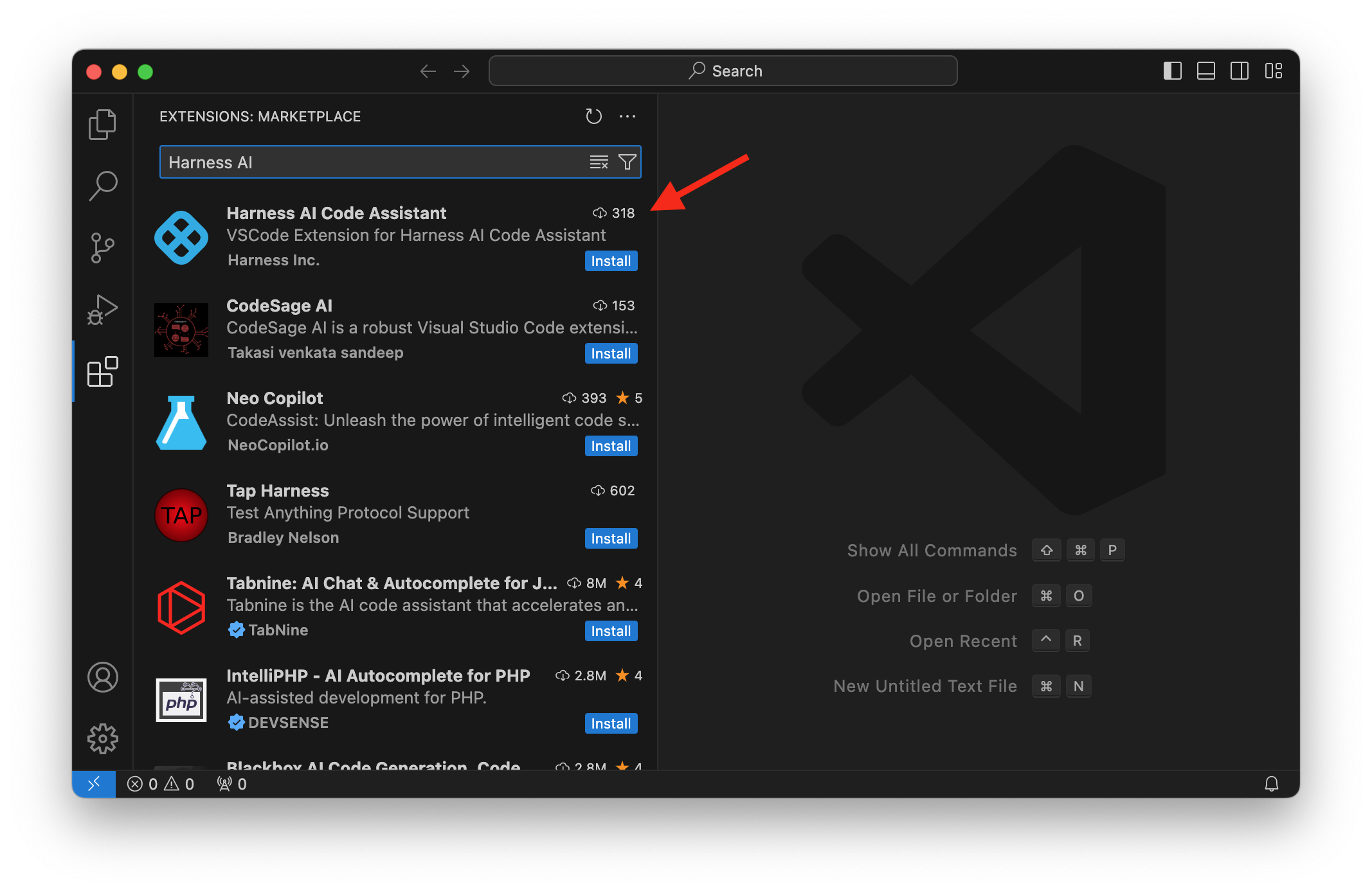 Installing the Harness Harness AI Code Agent extension in VS Code